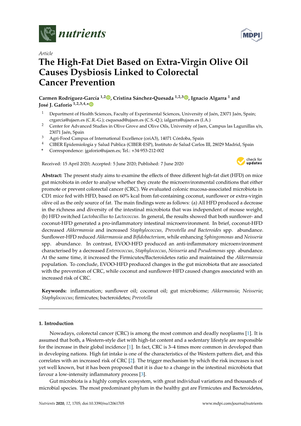 The High-Fat Diet Based on Extra-Virgin Olive Oil Causes Dysbiosis Linked to Colorectal Cancer Prevention