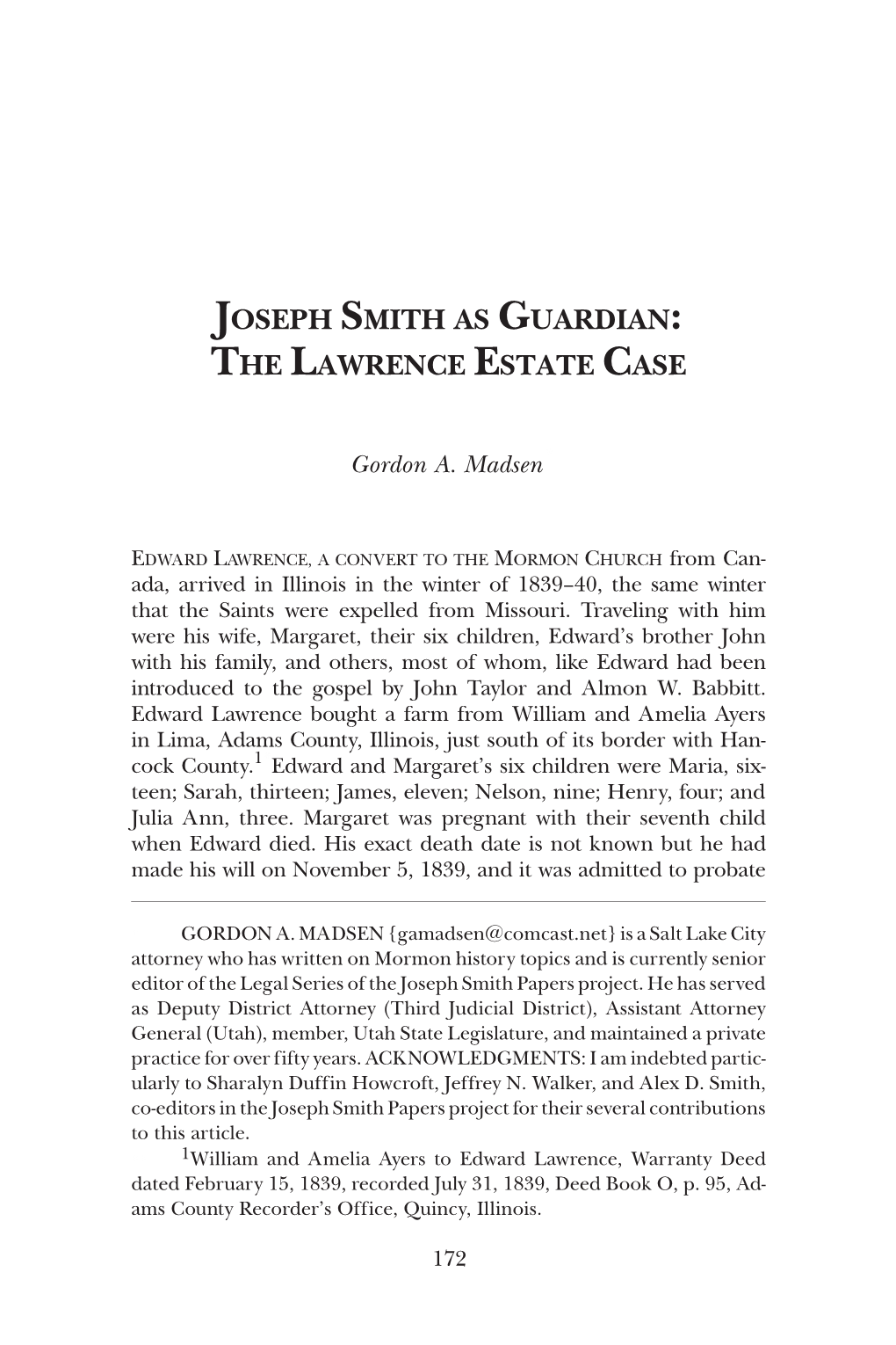 Joseph Smith As Guardian: the Lawrence Estate Case