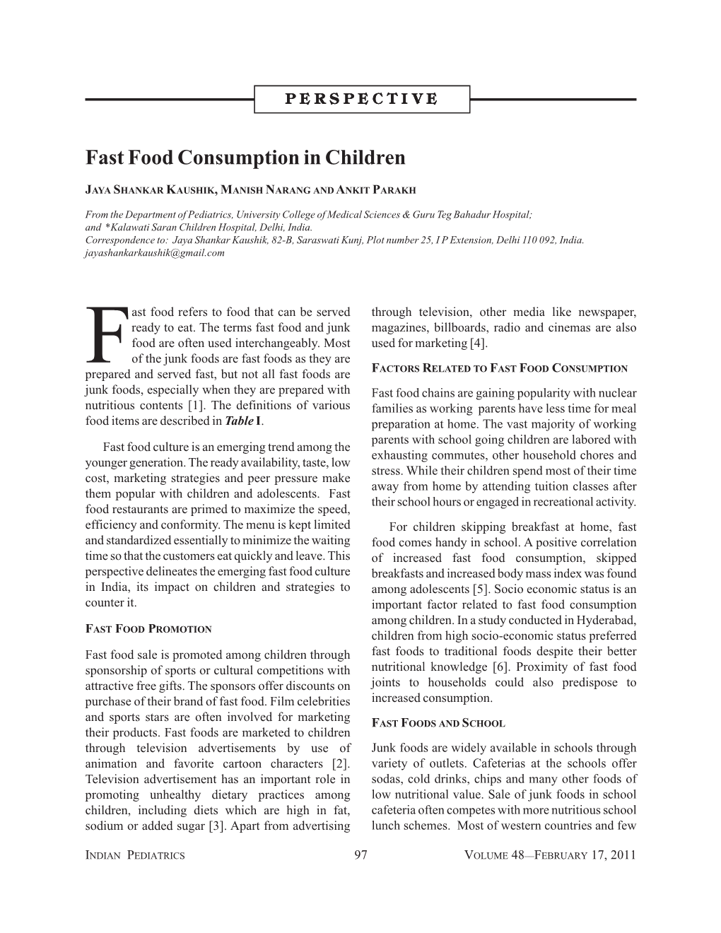 Fast Food Consumption in Children