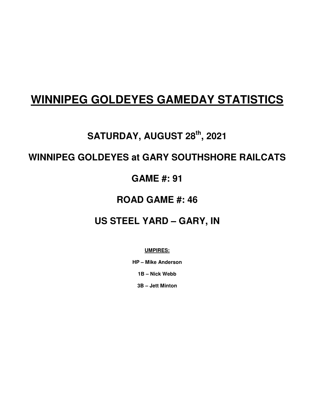 Winnipeg Goldeyes Gameday Statistics