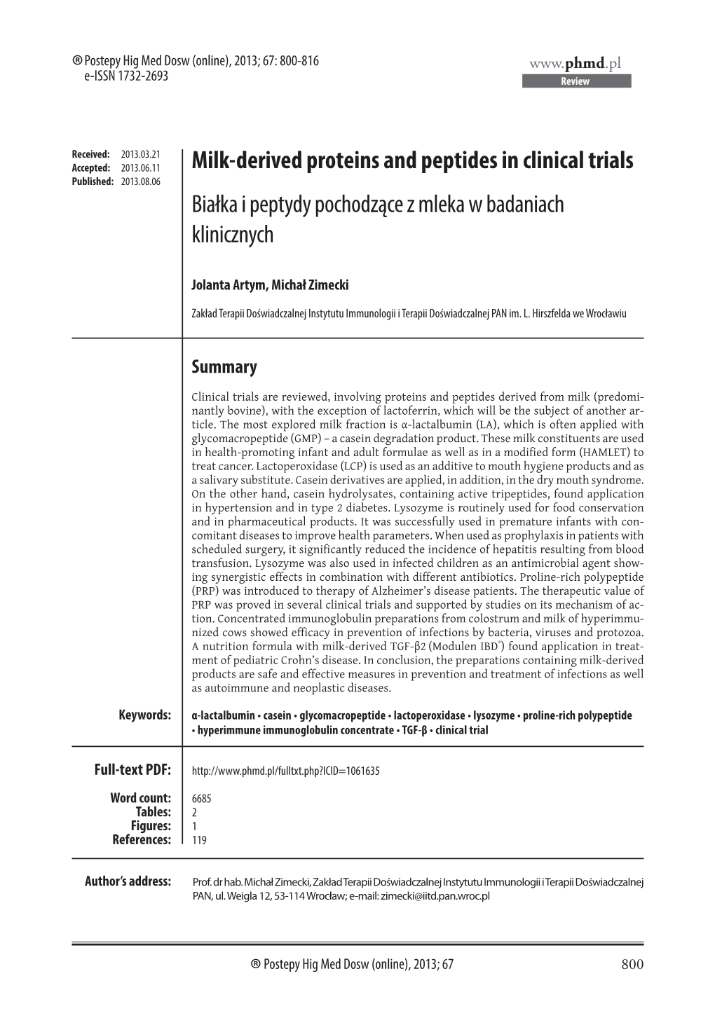 Milk-Derived Proteins and Peptides in Clinical Trials Białka I Peptydy