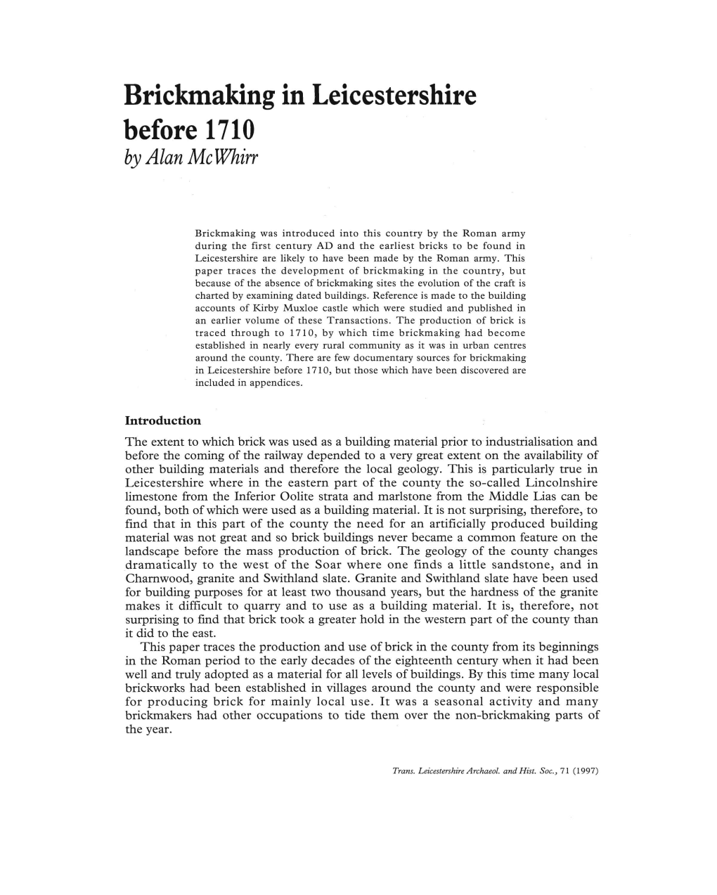 Brickmaking in Leicestershire Before 1710 by Alan Mc "7Hirr