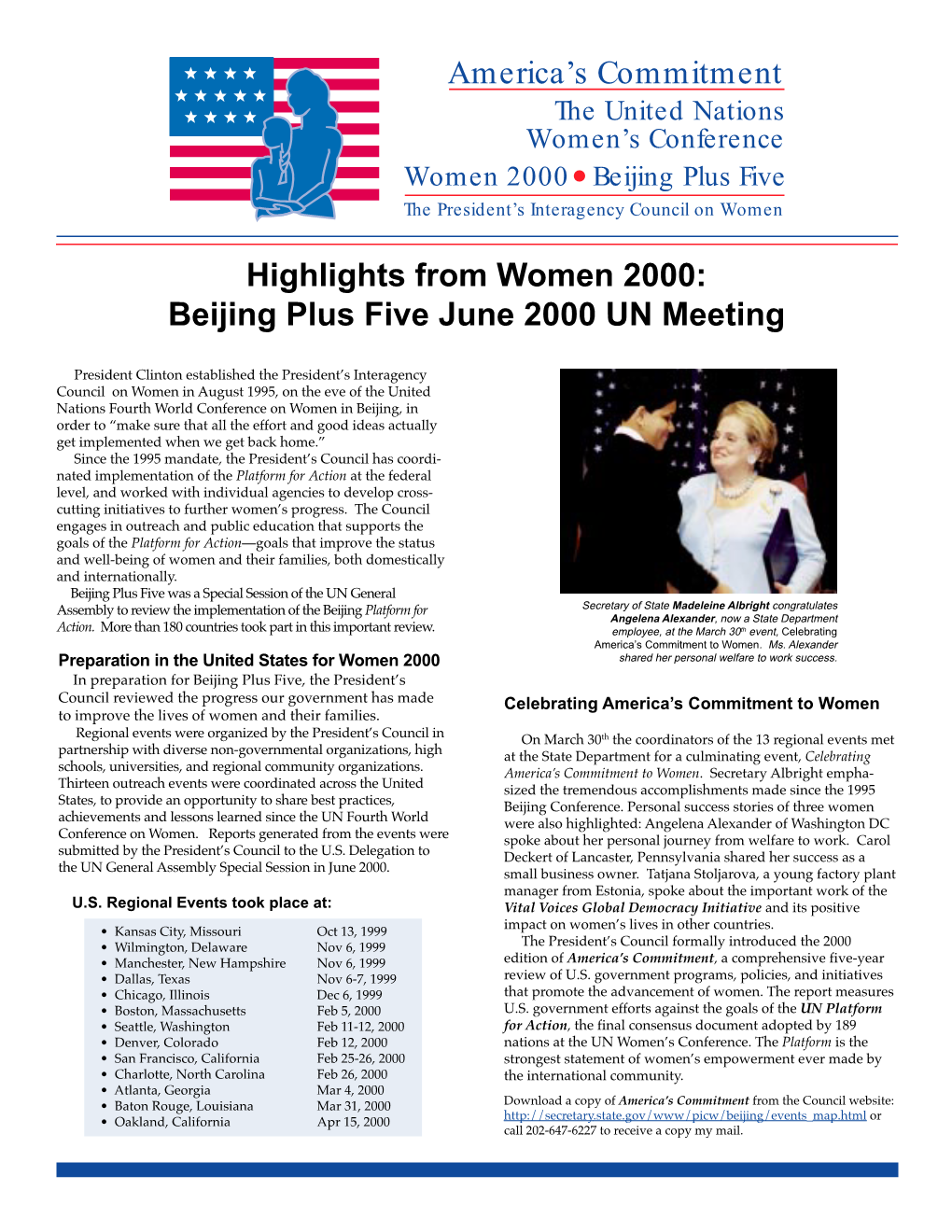 America's Commitment Highlights from Women 2000: Beijing Plus