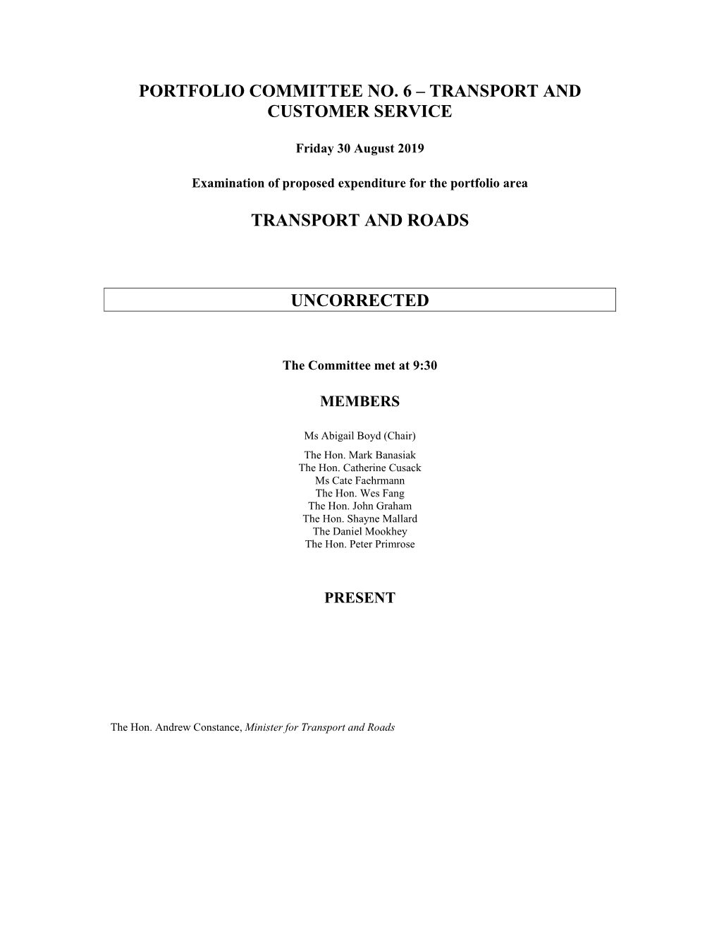 Portfolio Committee No. 6 – Transport and Customer Service