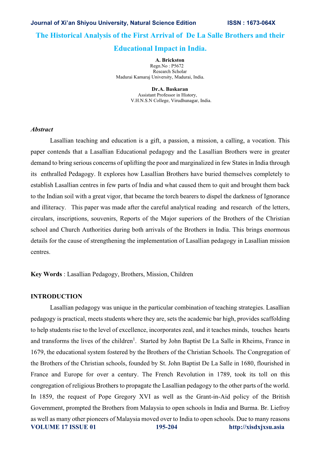 The Historical Analysis of the First Arrival of De La Salle Brothers and Their Educational Impact in India