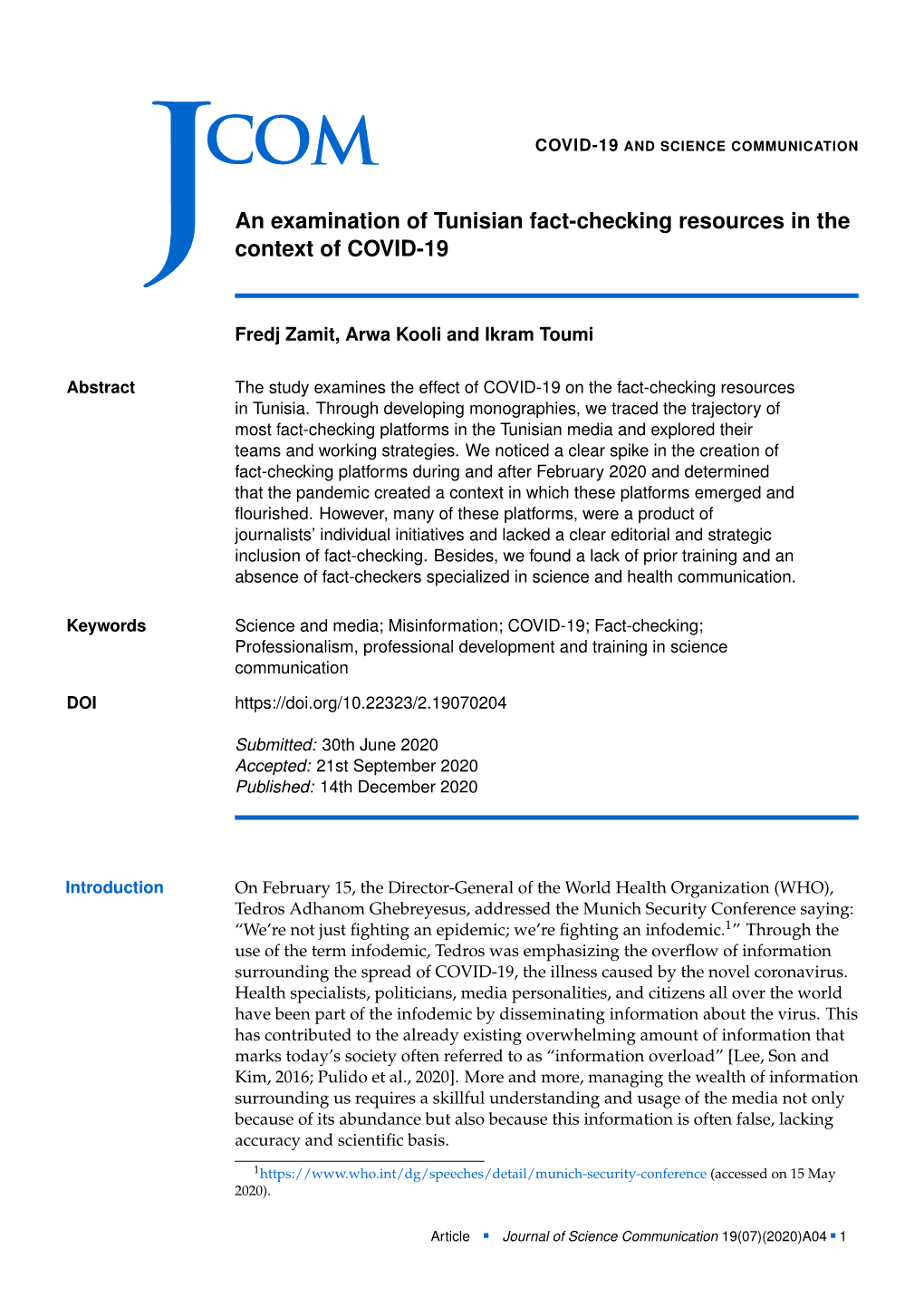 An Examination of Tunisian Fact-Checking Resources in the Context of COVID-19’