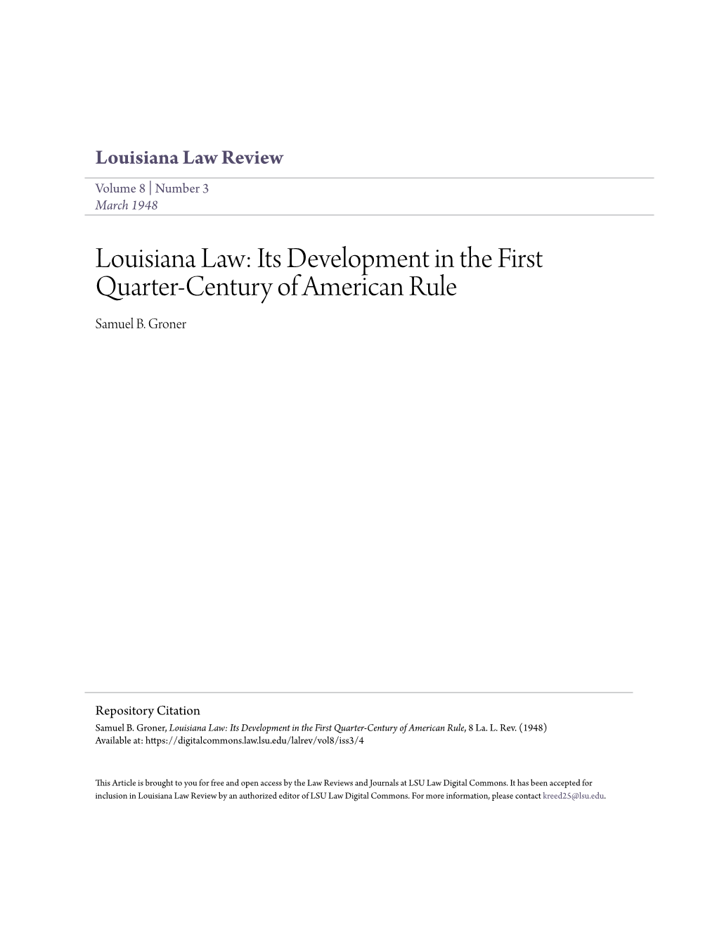 Louisiana Law Review Volume 8 | Number 3 March 1948