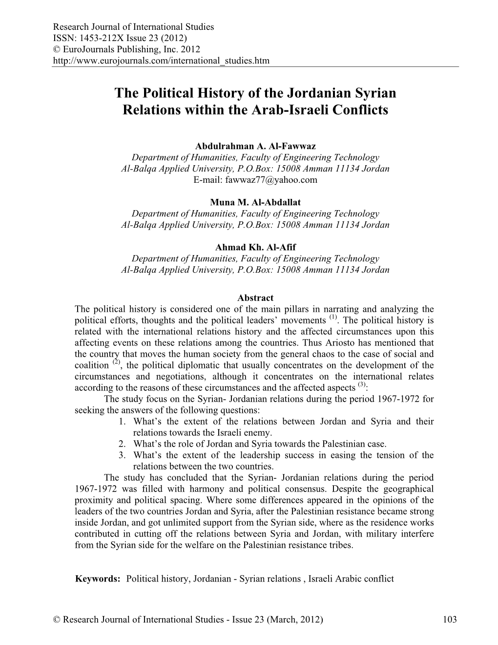 The Political History of the Jordanian Syrian Relations Within the Arab-Israeli Conflicts