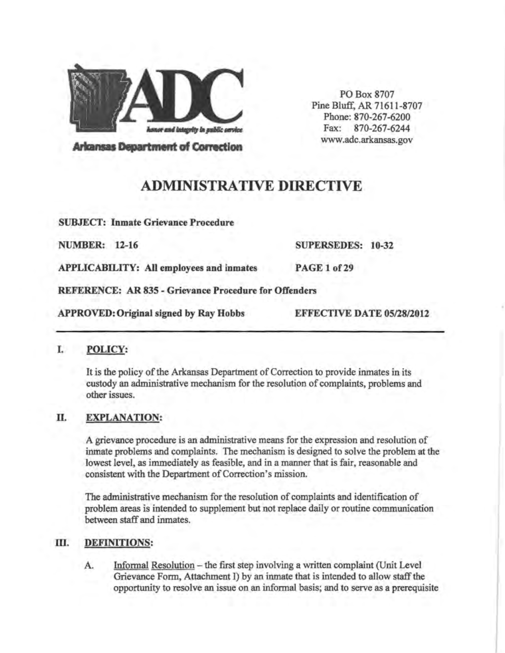 AR Administrative Directive 12-16: Inmate Grievance Procedure 5/28