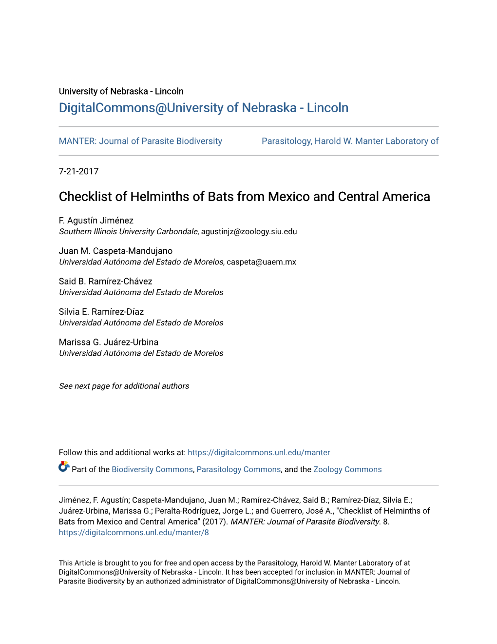 Checklist of Helminths of Bats from Mexico and Central America