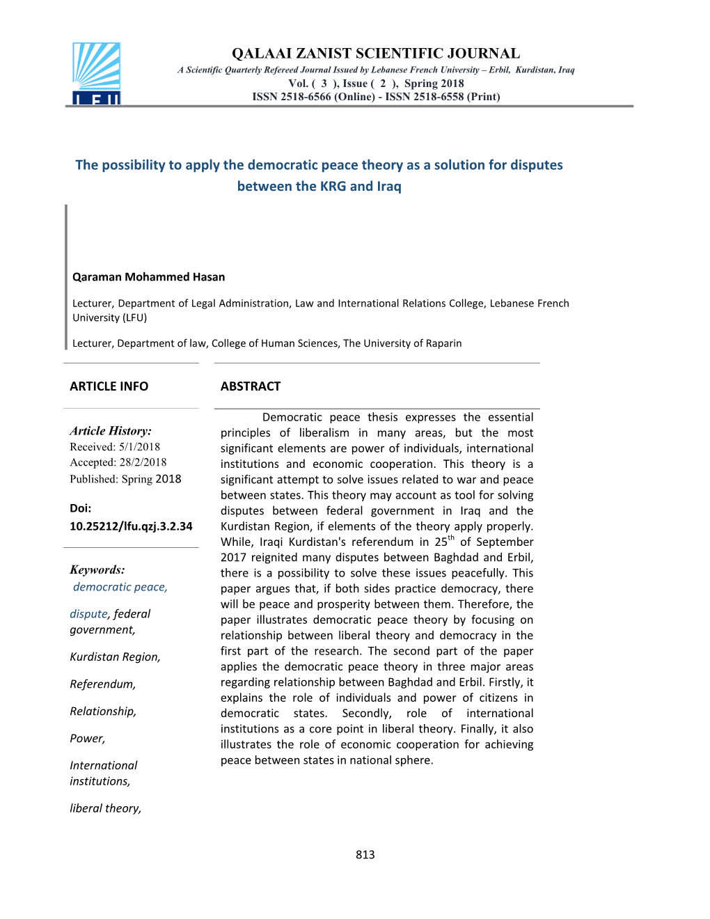 QALAAI ZANIST SCIENTIFIC JOURNAL a Scientific Quarterly Refereed Journal Issued by Lebanese French University – Erbil, Kurdistan, Iraq Vol