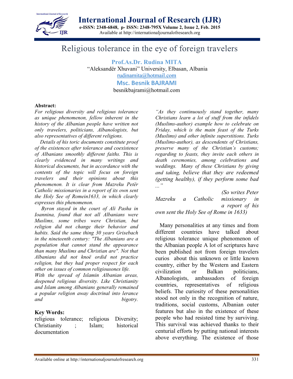 Religious Tolerance in the Eye of Foreign Travelers Prof.As.Dr