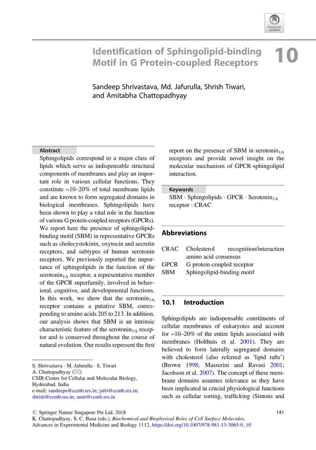 Identification of Sphingolipid-Binding Motif in G Protein-Coupled Receptors 10