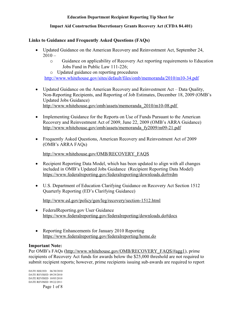 ARRA Reporting Tip Sheet for Impact Aid Construction Discretionary Grants September 2011