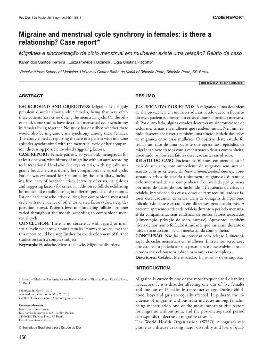 Migraine and Menstrual Cycle Synchrony in Females