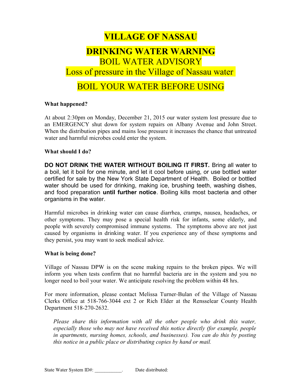 Drinking Water Warning