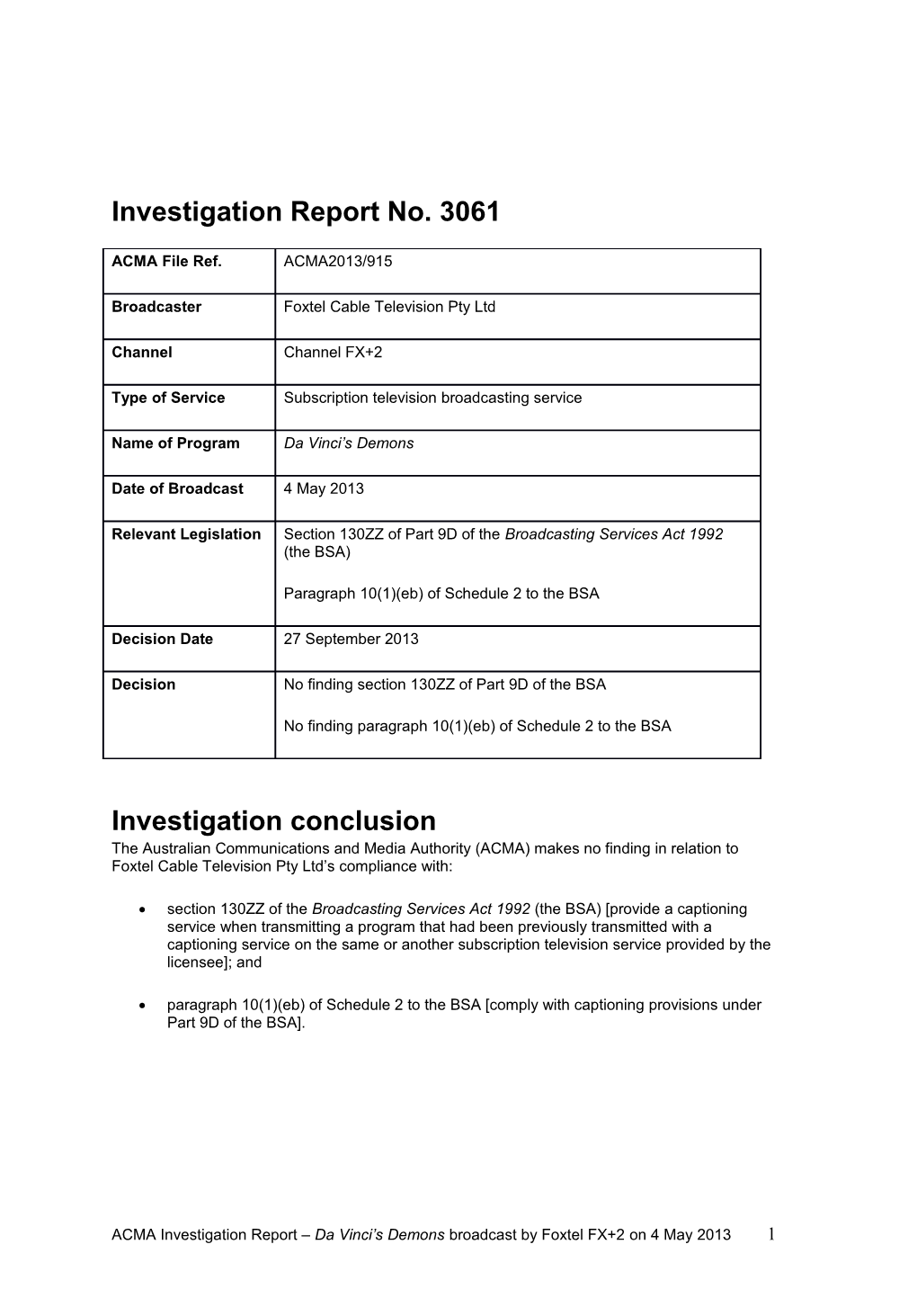 FOXTEL - ACMA Investigation Report No 3061