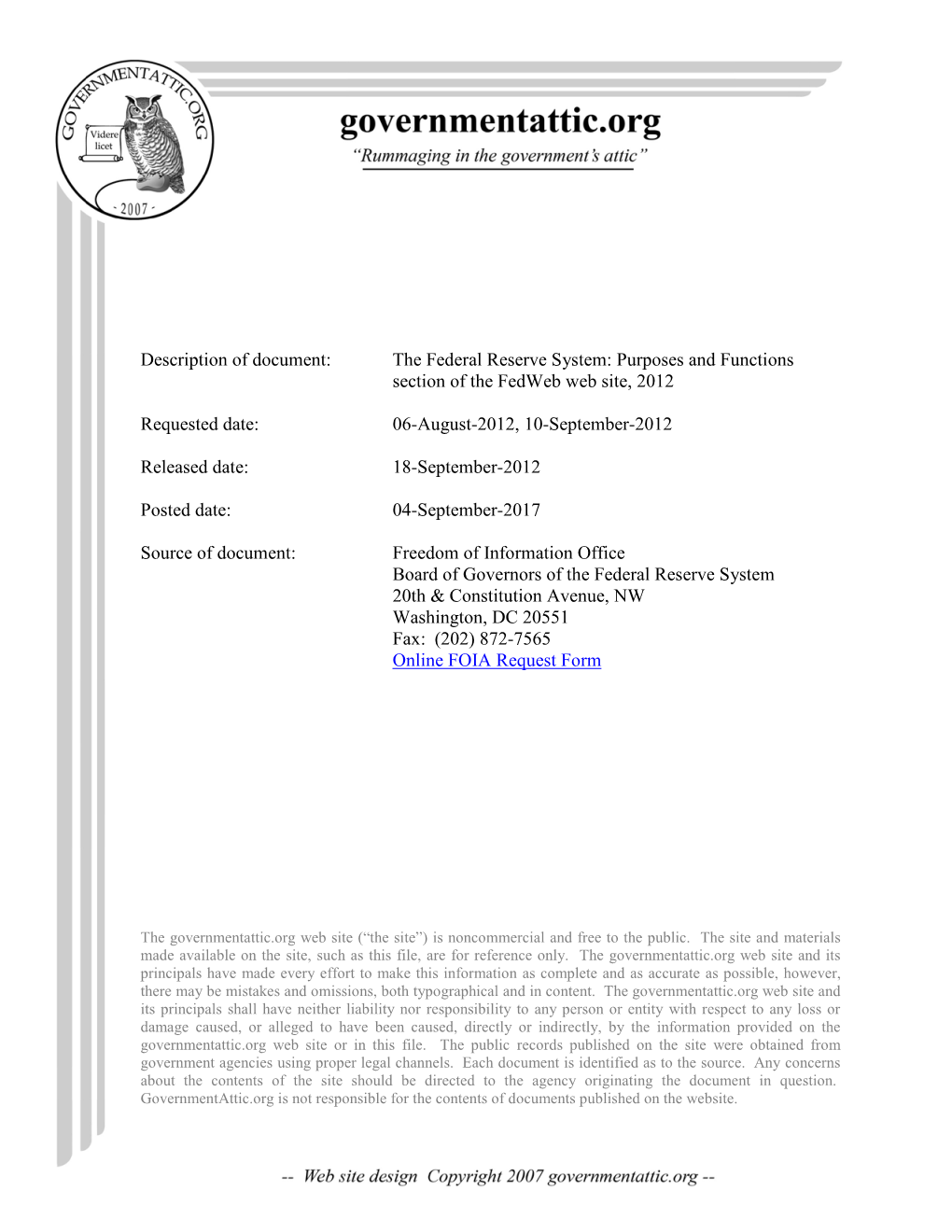 The Federal Reserve System: Purposes and Functions Section of the Fedweb Web Site, 2012