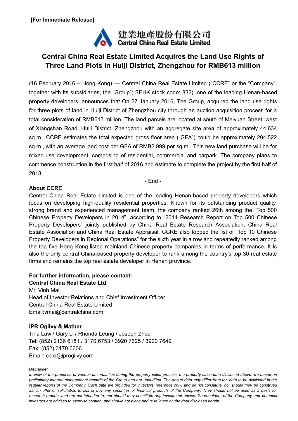 Central China Real Estate Limited Acquires the Land Use Rights of Three Land Plots in Huiji District, Zhengzhou for RMB613 Million