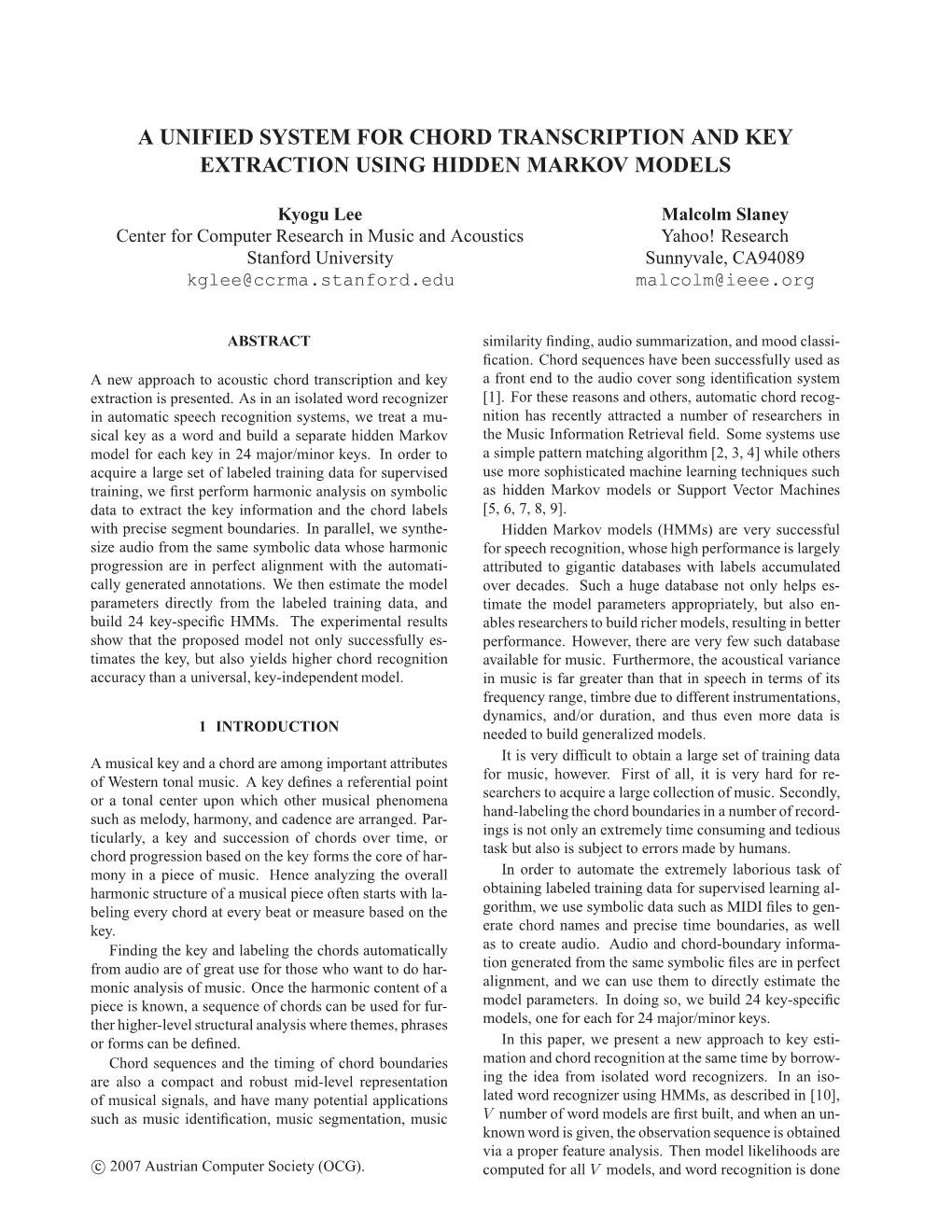 A Unified System for Chord Transcription and Key Extraction Using Hidden Markov Models