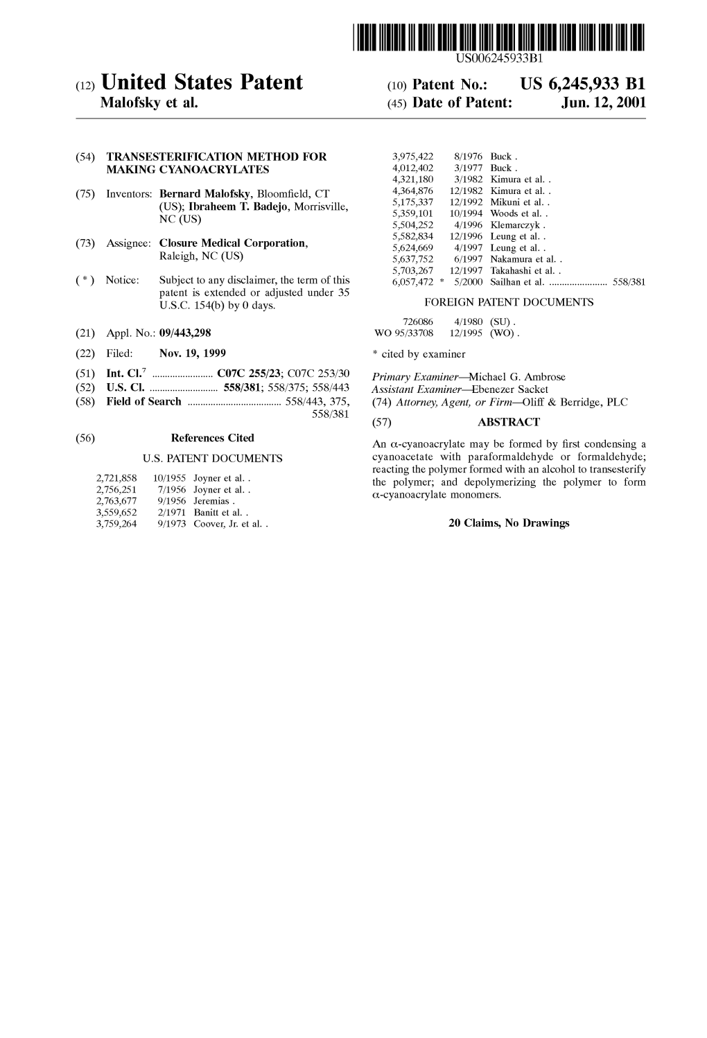 (12) United States Patent (10) Patent No.: US 6,245,933 B1 Malofsky Et Al