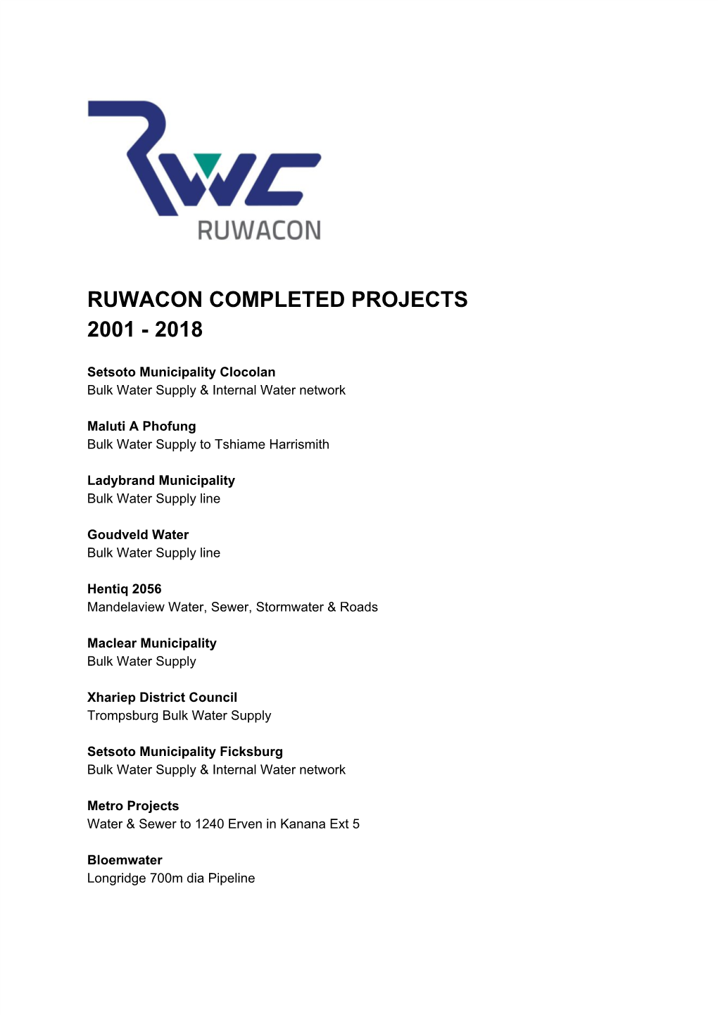 Ruwacon Completed Projects 2001 - 2018