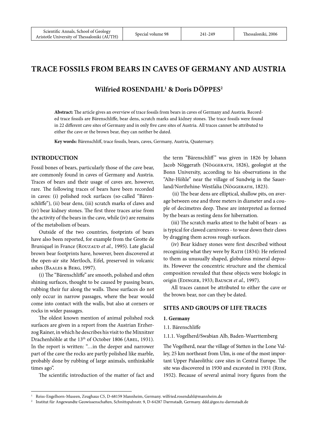 Trace Fossils from Bears in Caves of Germany and Austria