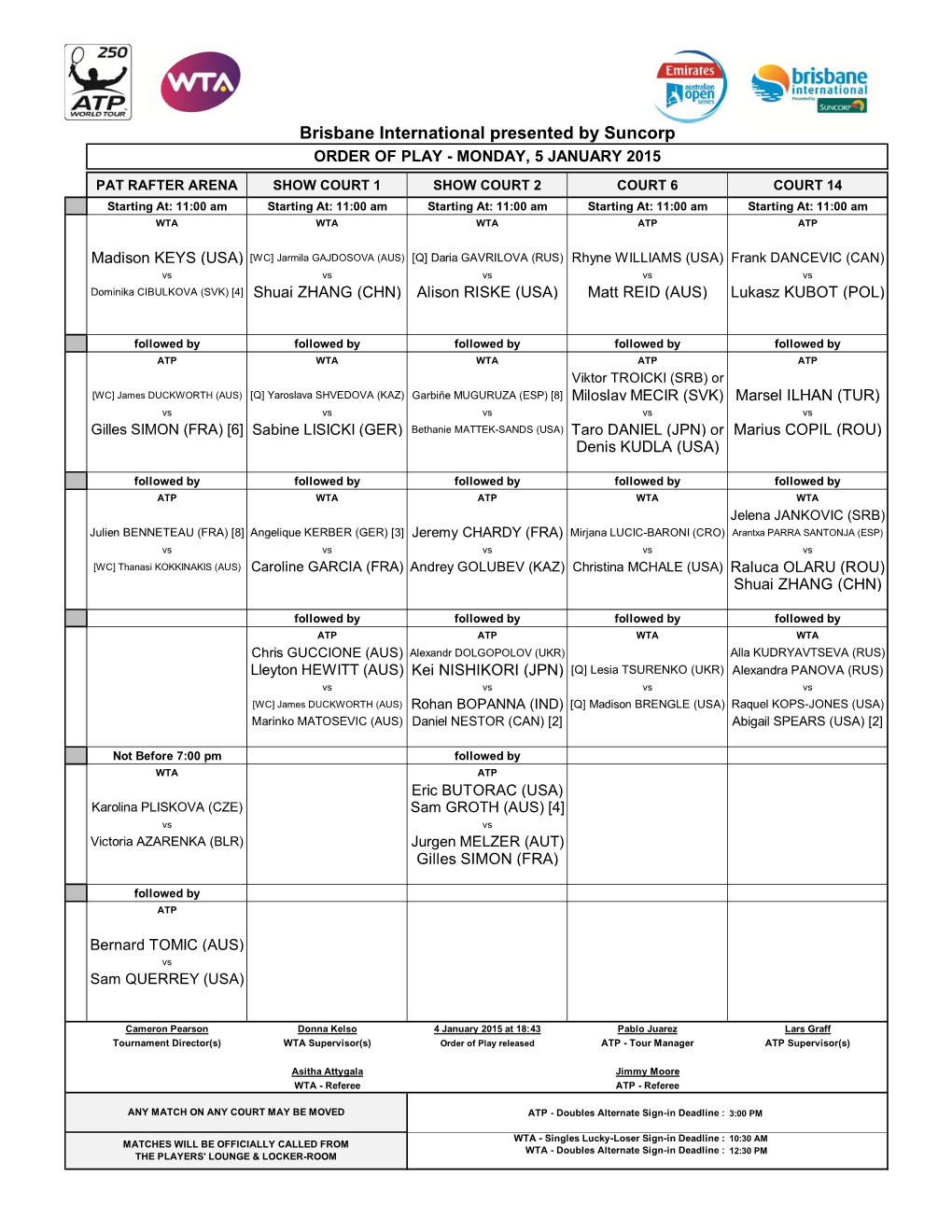 Brisbane International Presented by Suncorp ORDER of PLAY - MONDAY, 5 JANUARY 2015