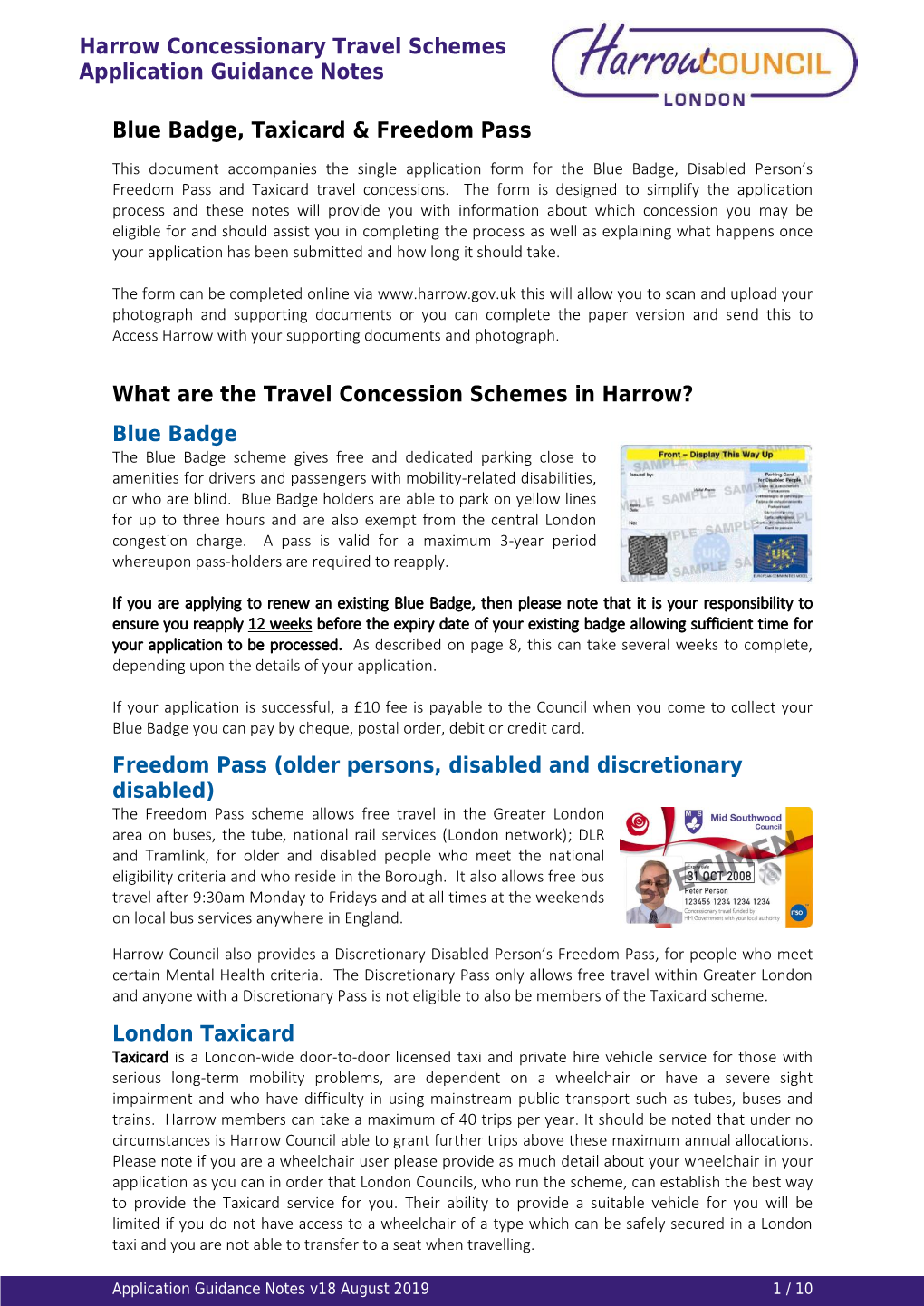 Guidance Notes for Concessionary Travel Applications