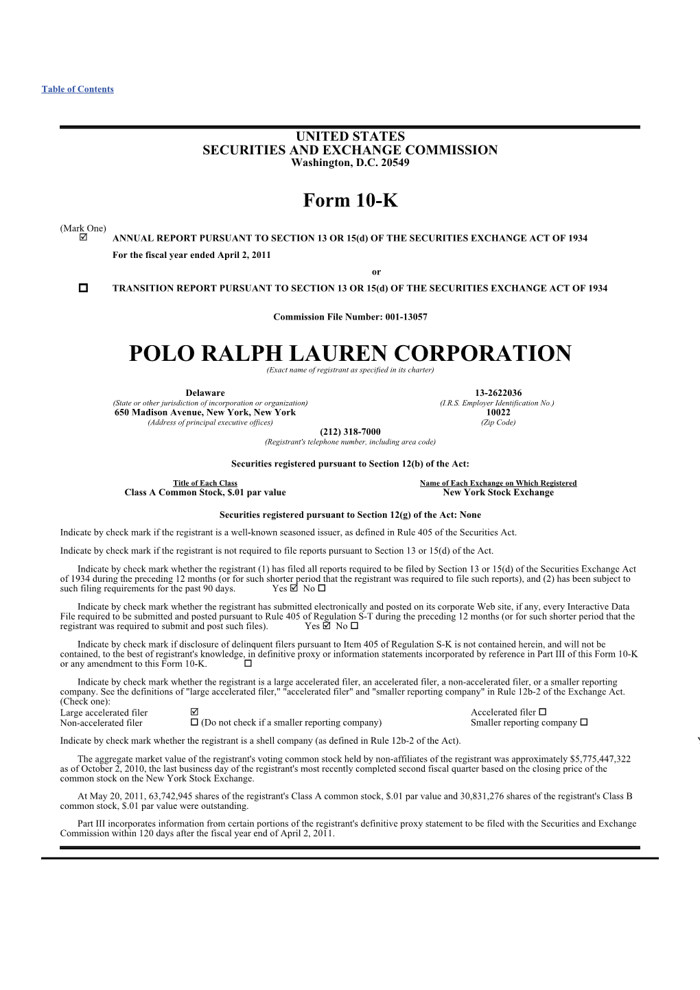 POLO RALPH LAUREN CORPORATION (Exact Name of Registrant As Specified in Its Charter)
