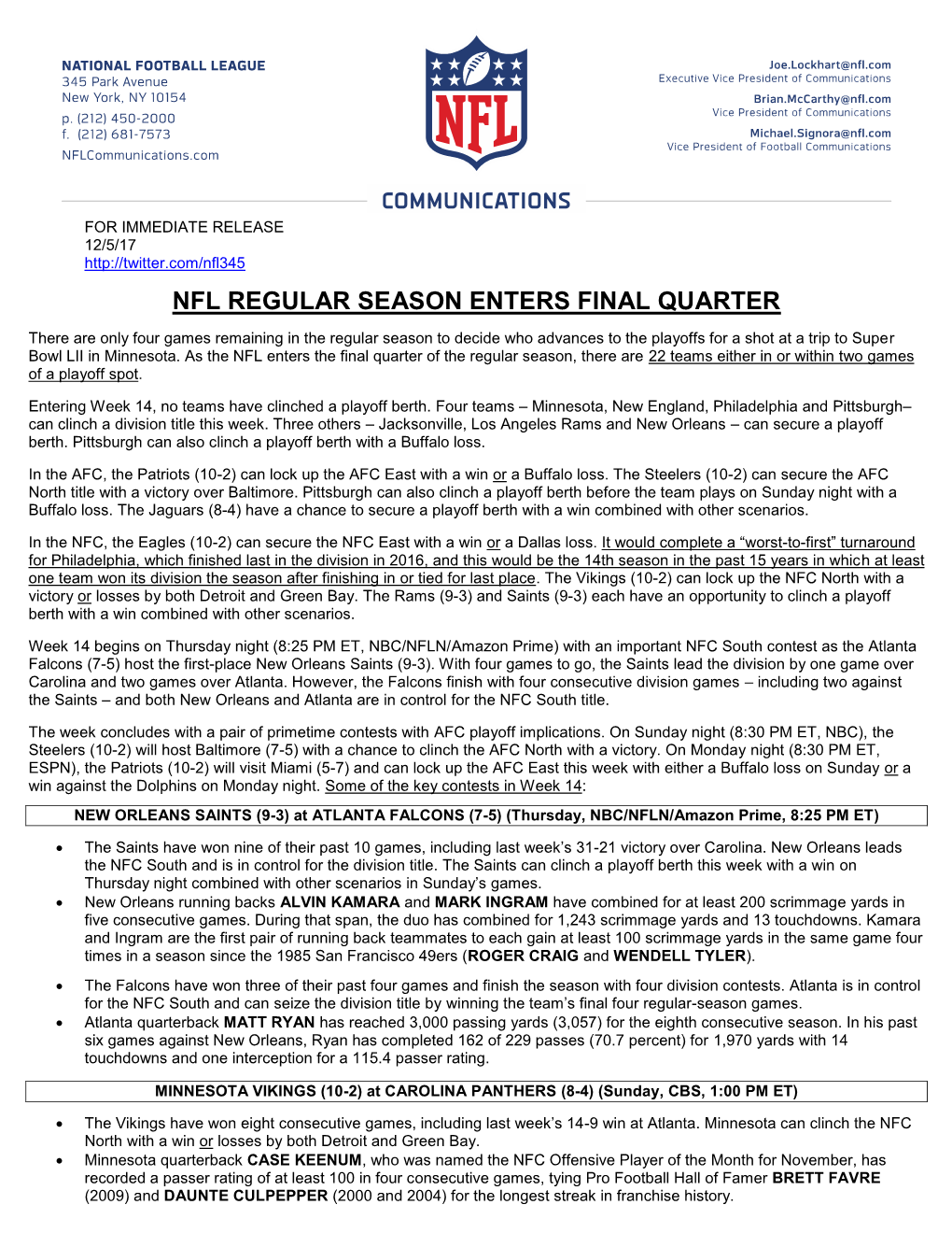 Nfl Regular Season Enters Final Quarter