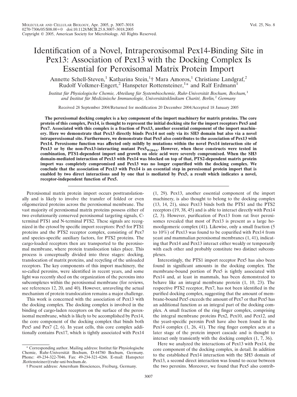 Identification of a Novel, Intraperoxisomal Pex14-Binding Site in Pex13