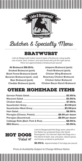 Butcher & Specia Y Menu