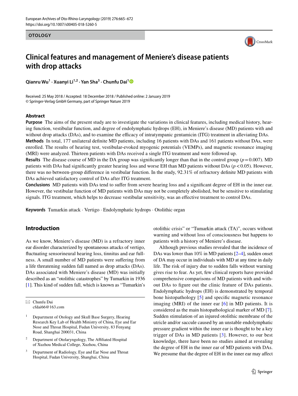 Clinical Features and Management of Meniere's Disease Patients with Drop Attacks