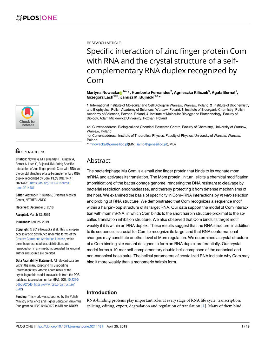 Specific Interaction of Zinc Finger Protein Com with RNA and the Crystal Structure of a Self- Complementary RNA Duplex Recognized by Com