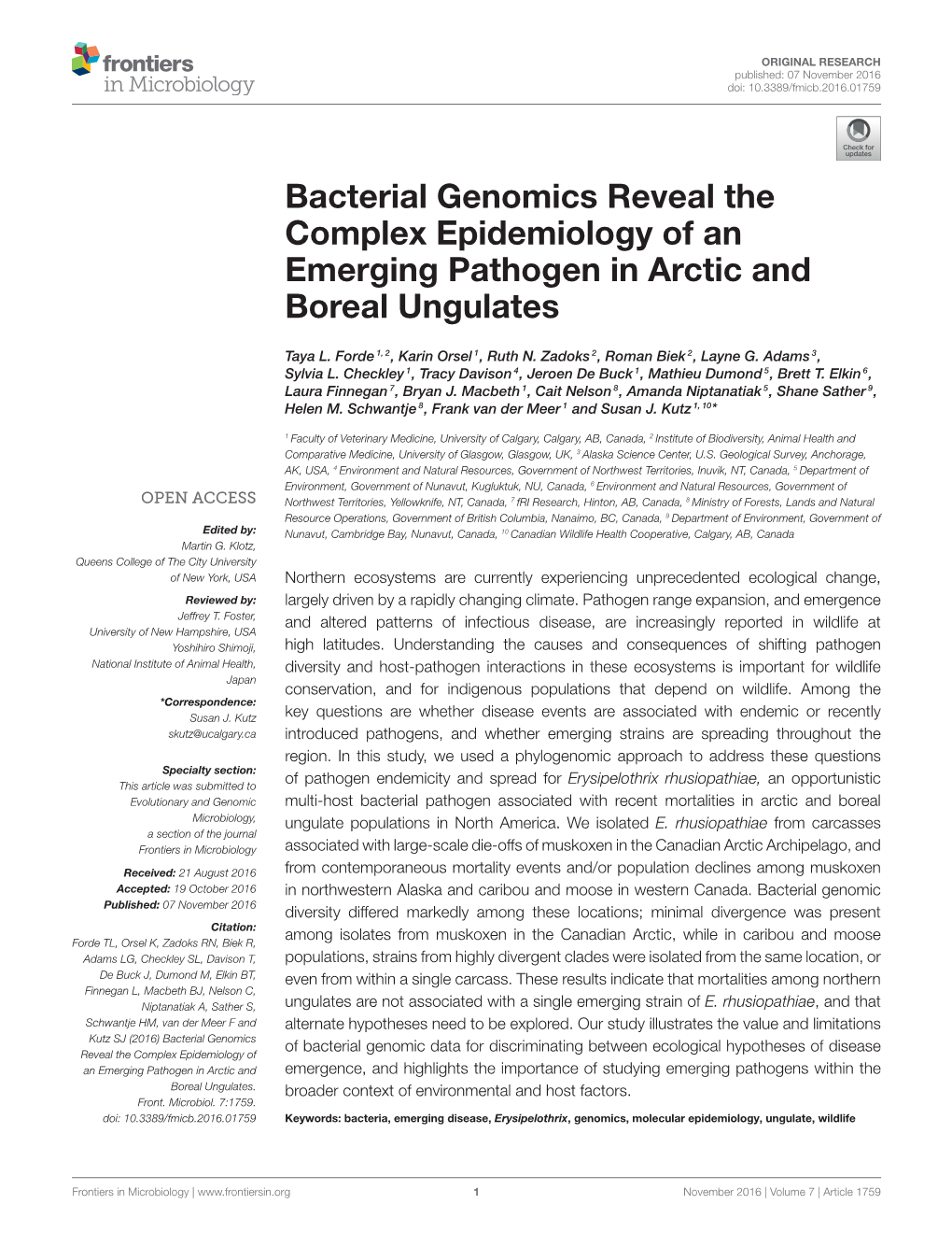 Bacterial Genomics Reveal the Complex Epidemiology of an Emerging Pathogen in Arctic and Boreal Ungulates