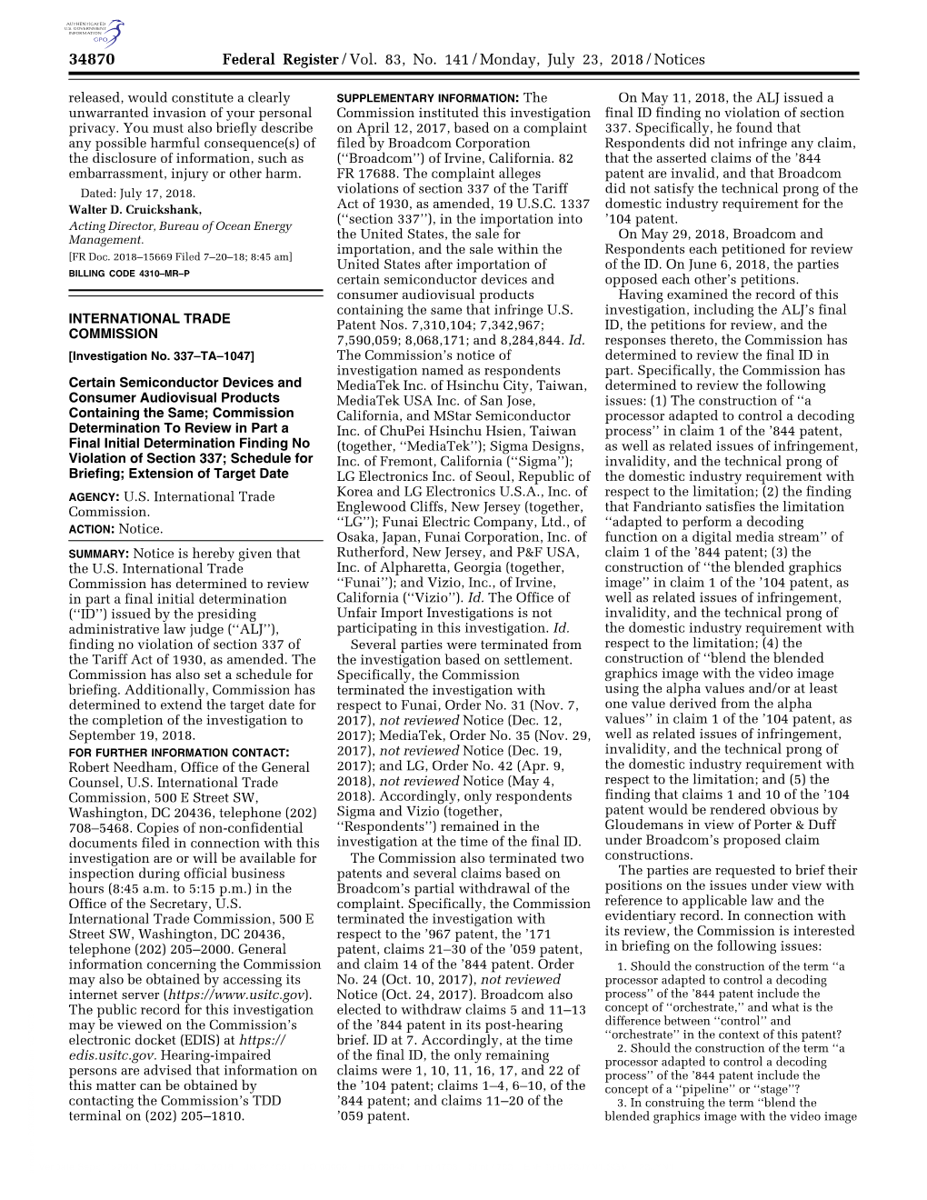 Federal Register/Vol. 83, No. 141/Monday, July 23, 2018/Notices