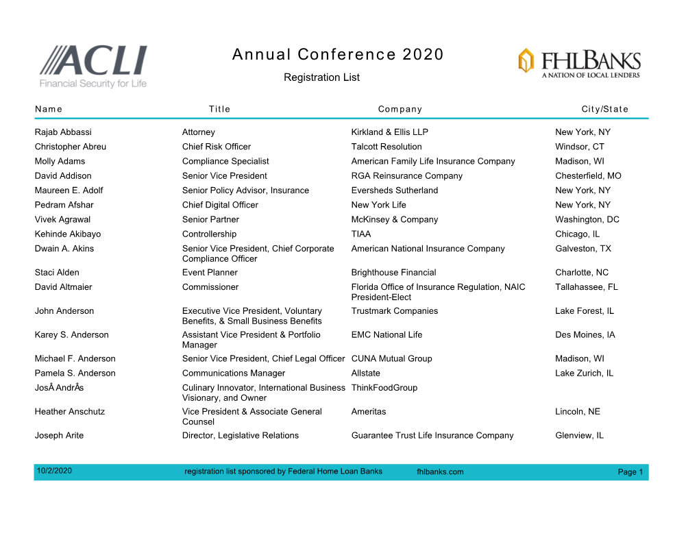 Annual Conference 2020 Sponsored Attendee List