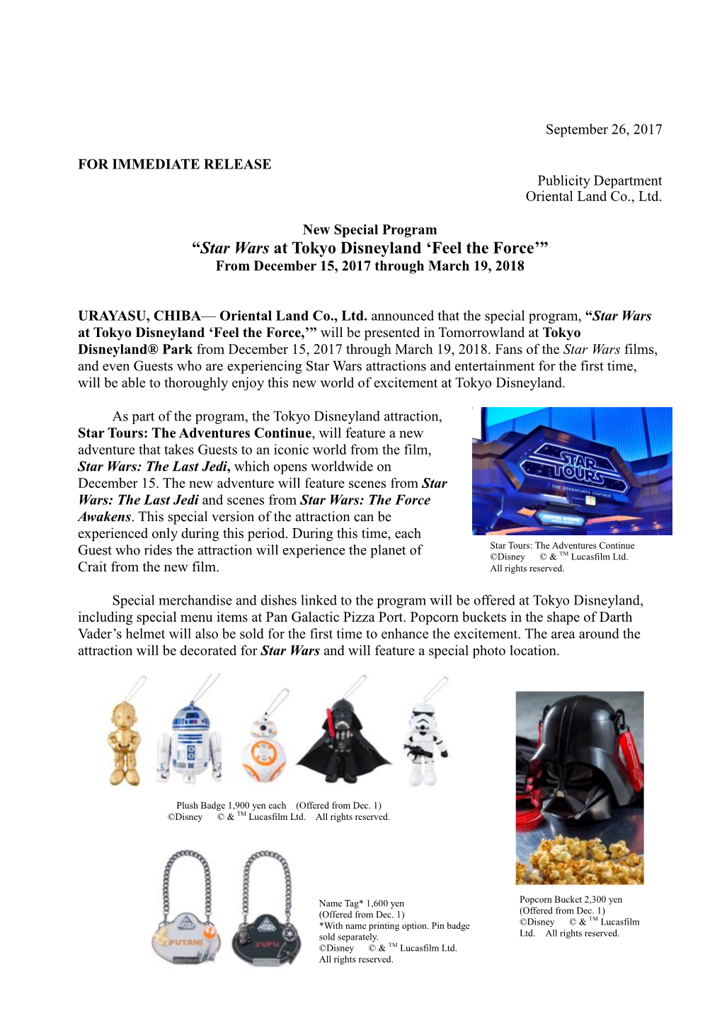 “Star Wars at Tokyo Disneyland 'Feel the Force'”