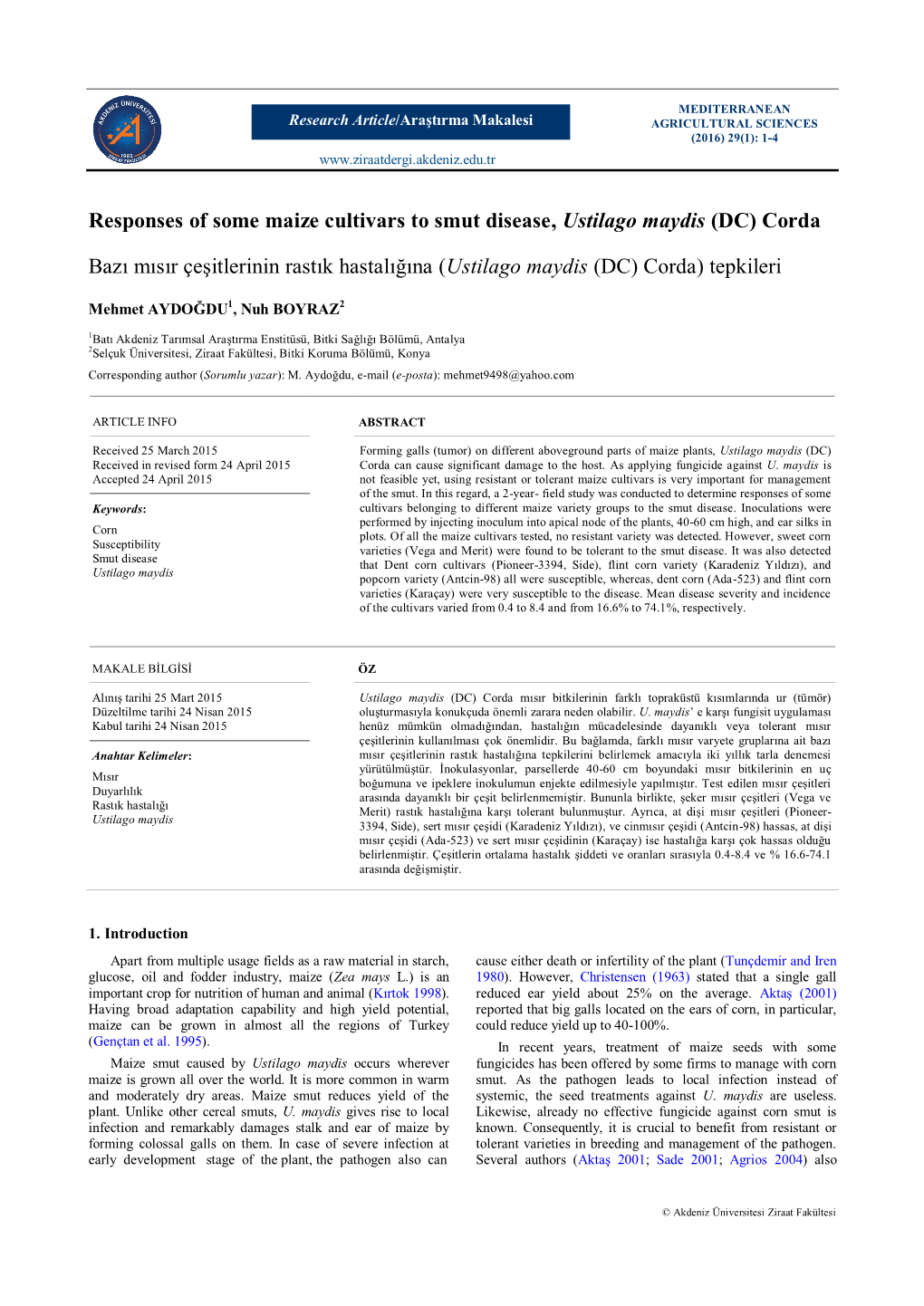 Responses of Some Maize Cultivars to Smut Disease, Ustilago Maydis