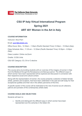 CSU IP Italy Virtual International Program Spring 2021 ART 401