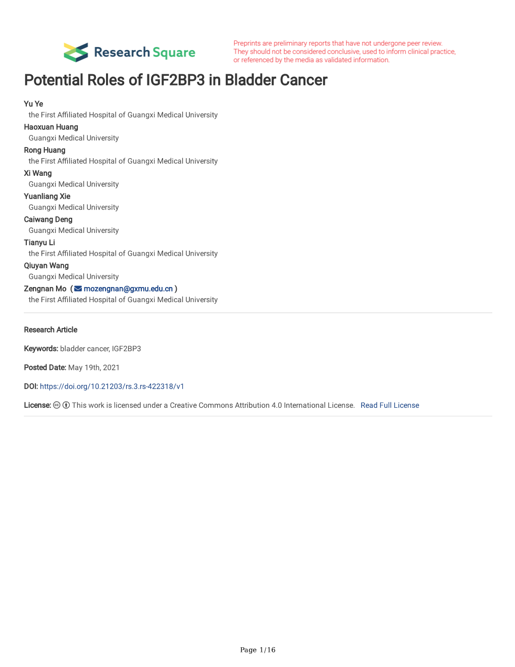 Potential Roles of IGF2BP3 in Bladder Cancer