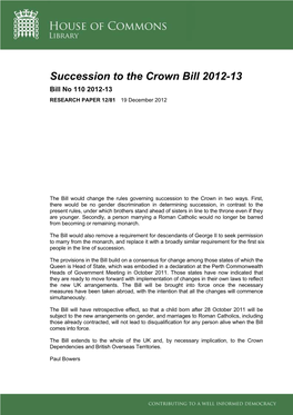 Succession to the Crown Bill 2012-13 Bill No 110 2012-13 RESEARCH PAPER 12/81 19 December 2012