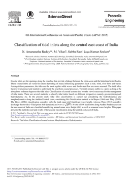 Classification of Tidal Inlets Along the Central East Coast of India