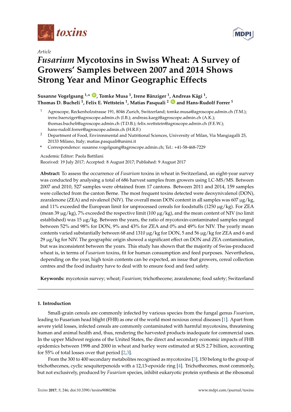 Fusarium Mycotoxins in Swiss Wheat: a Survey of Growers’ Samples Between 2007 and 2014 Shows Strong Year and Minor Geographic Effects