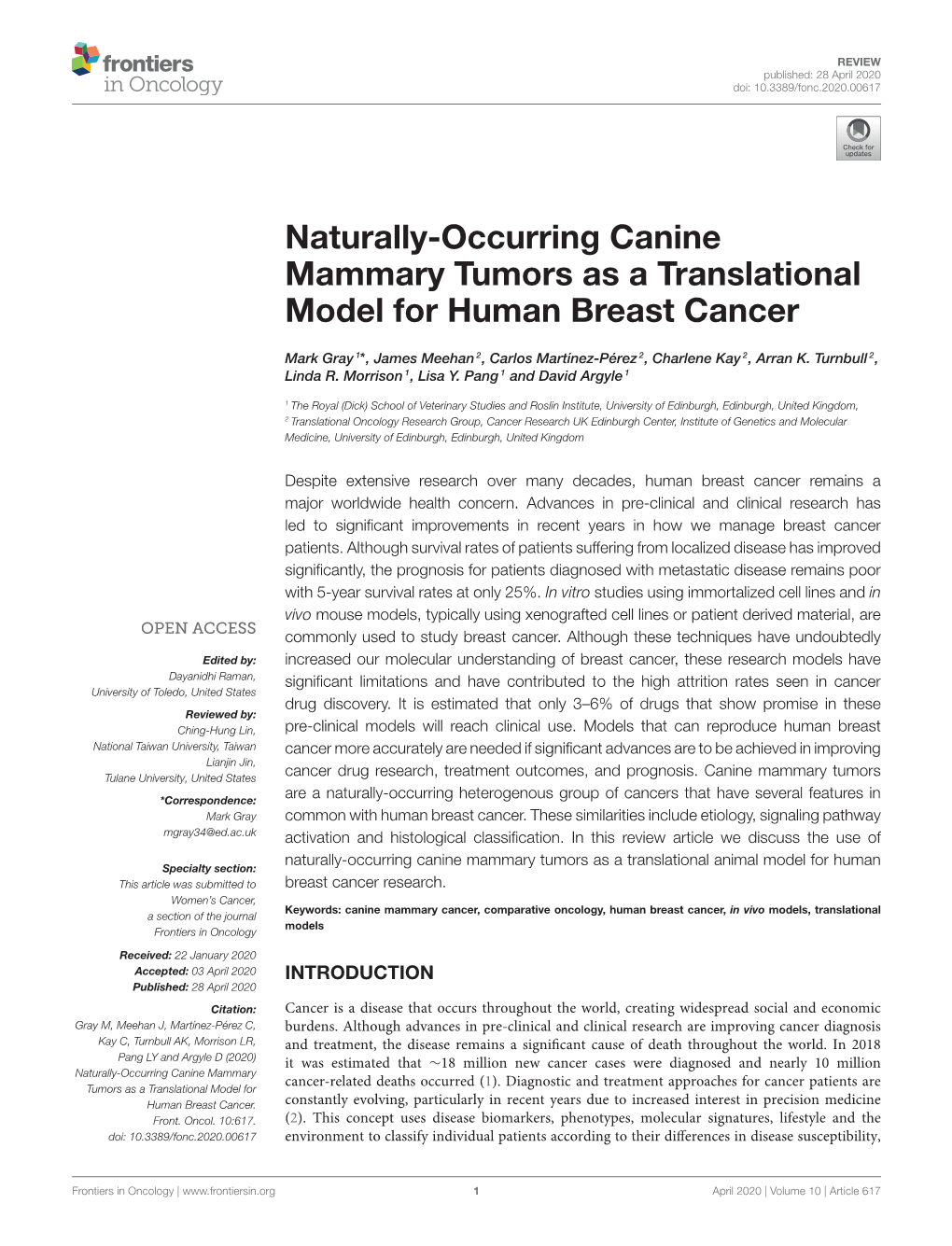 Naturally-Occurring Canine Mammary Tumors As a Translational Model for Human Breast Cancer