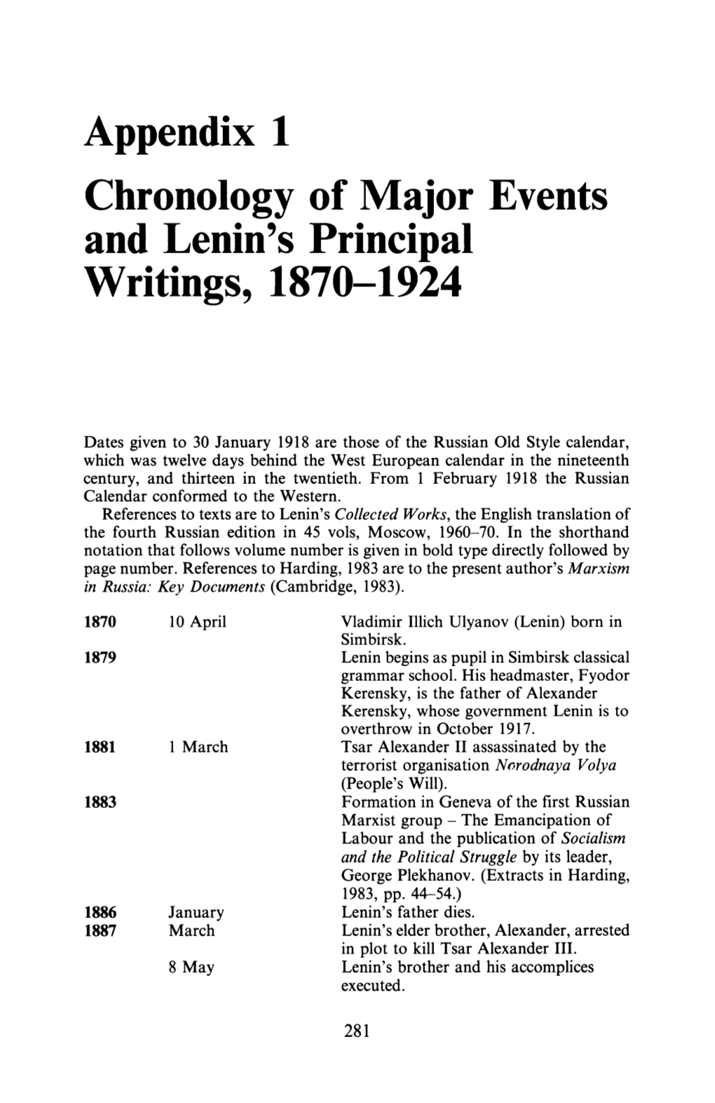 Appendix 1 Chronology of Major Events and Lenin's Principal Writings, 1870-1924