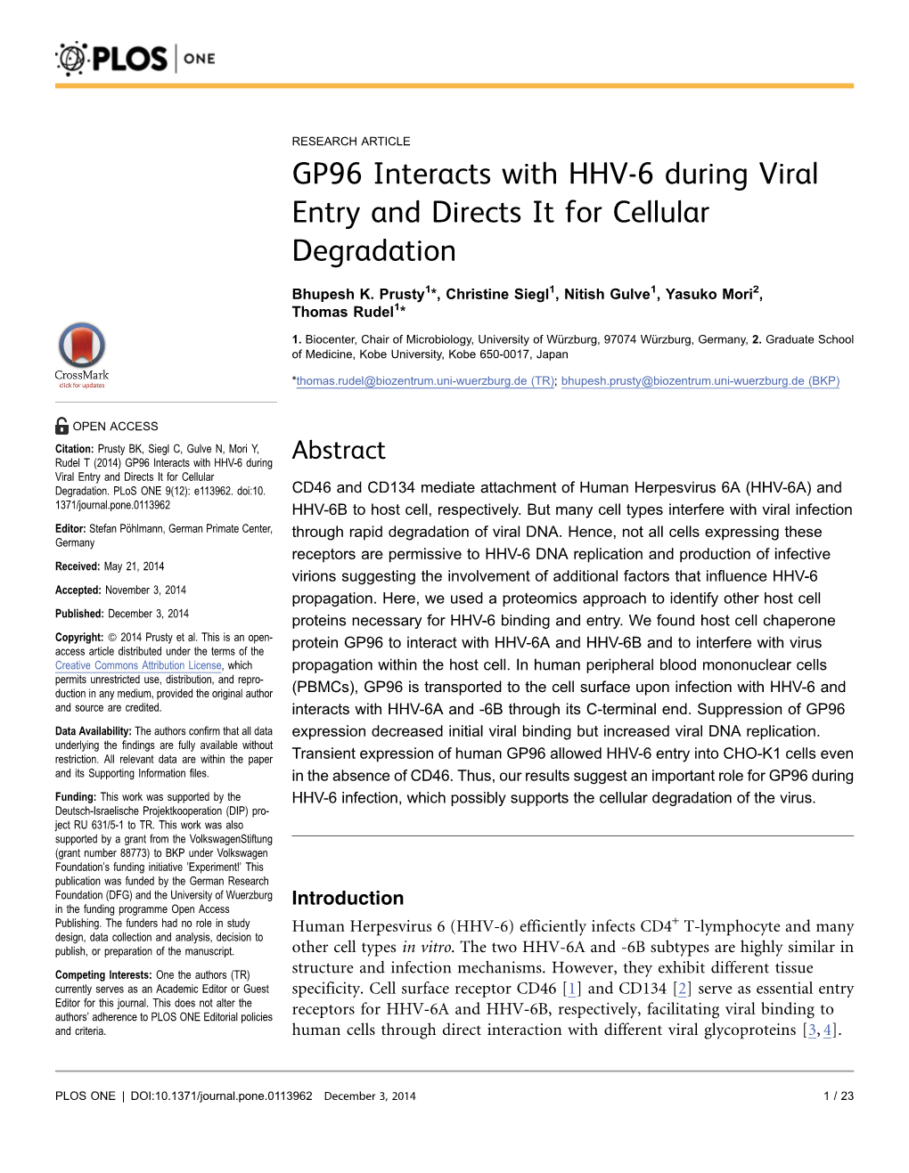 GP96 Interacts with HHV-6 During Viral Entry and Directs It for Cellular Degradation