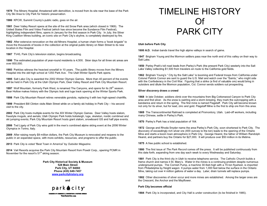 TIMELINE HISTORY of PARK CITY