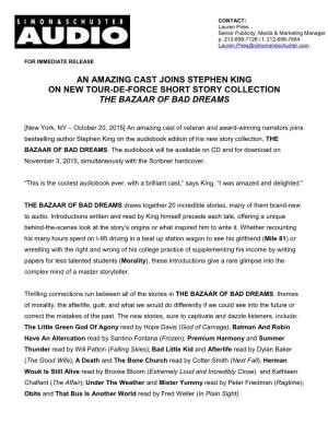 An Amazing Cast Joins Stephen King on New Tour-De-Force Short Story Collection the Bazaar of Bad Dreams